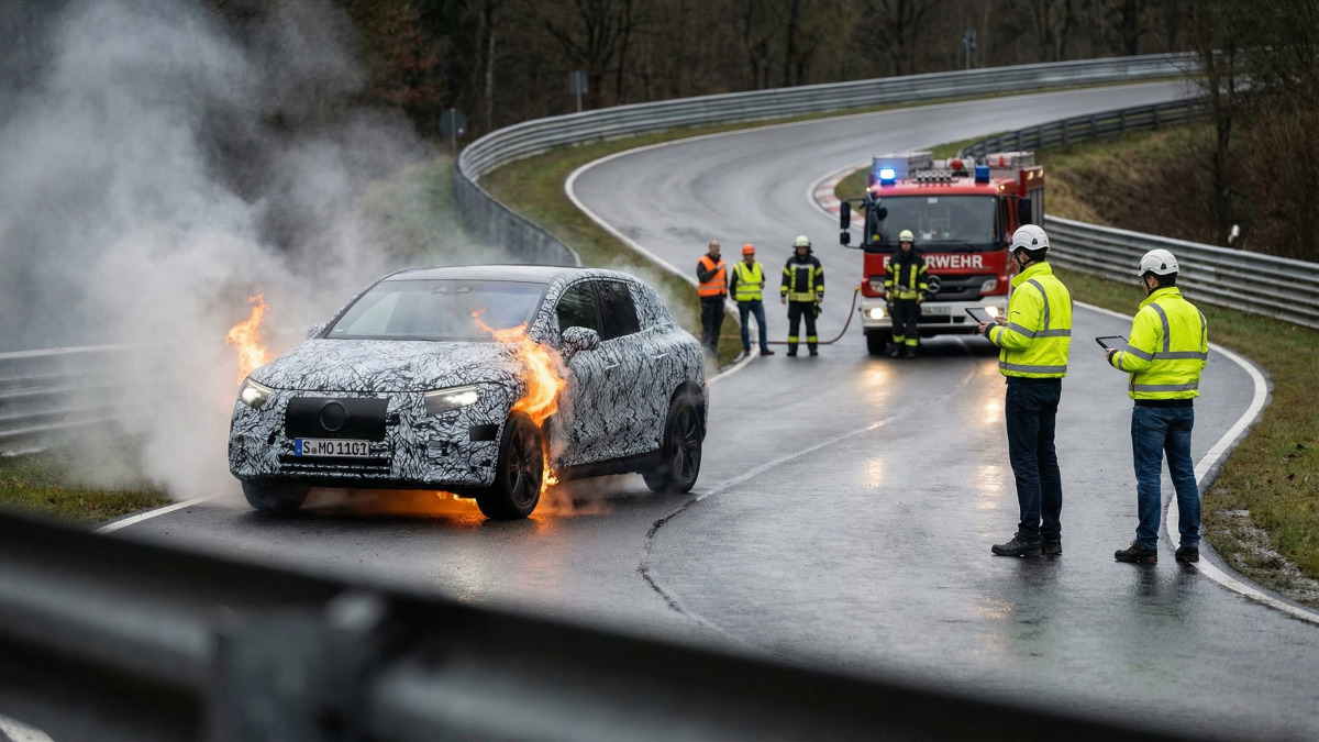 Alle sind sich einig, dass dieser Prototyp des Hyundai Santa Fe, indem er auf der Straße Feuer fängt, seine Rolle perfekt spielt