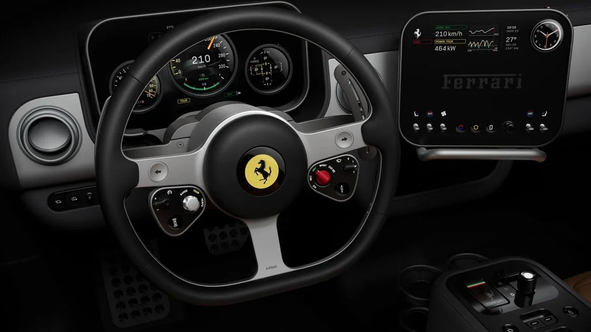 Glas, Aluminium, Nadeln: Der Schöpfer des iPhones nimmt sich des ersten elektrischen Ferrari an und liefert ein unerwartetes Cockpit